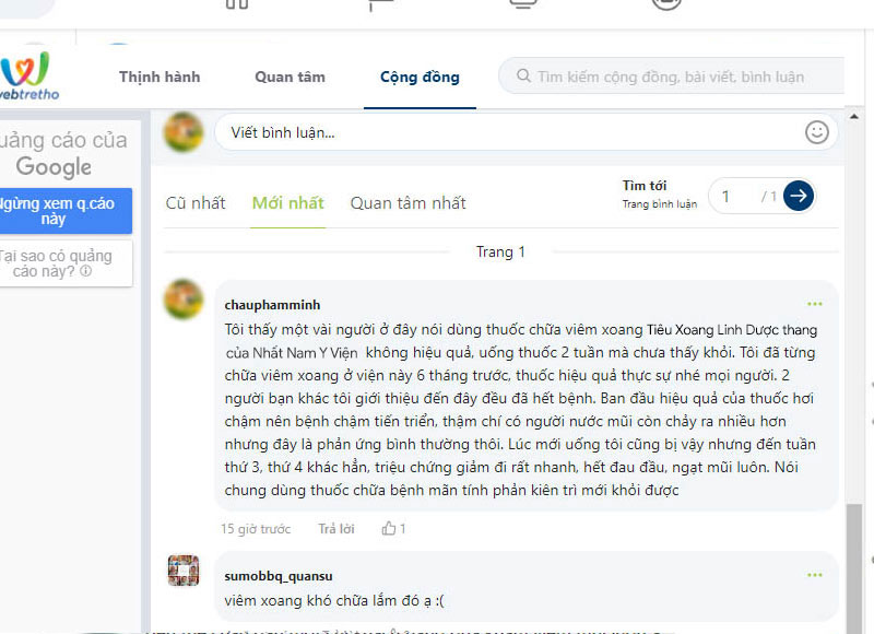 Bệnh nhân phản hồi về hiệu quả của Tiêu Xoang Linh Dược Thang trên webtretho