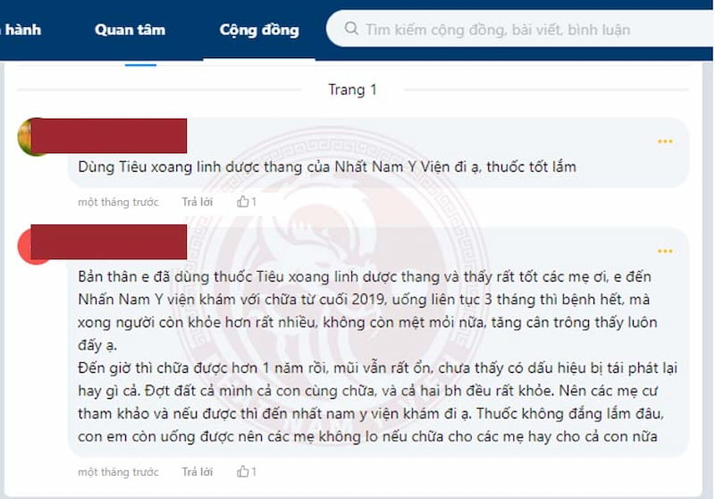 Phản hồi của bệnh nhân về Tiêu Xoang Linh Dược Thang trên webtretho
